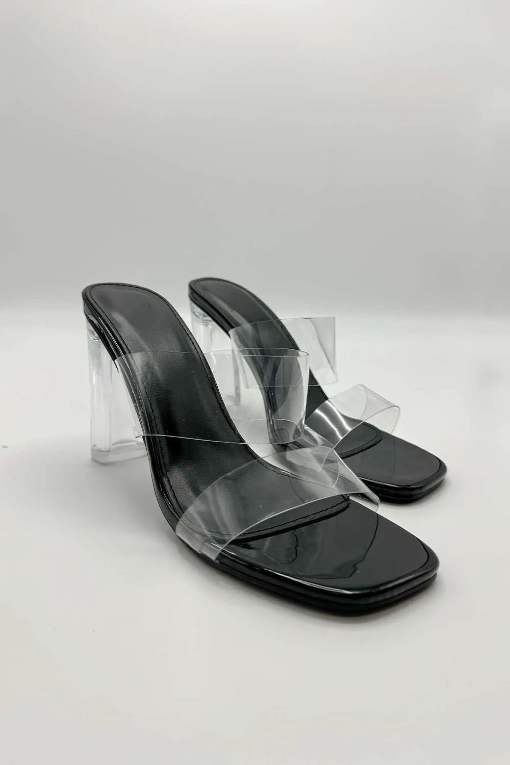 Yara Perspex Band Block Heel Mules in Black