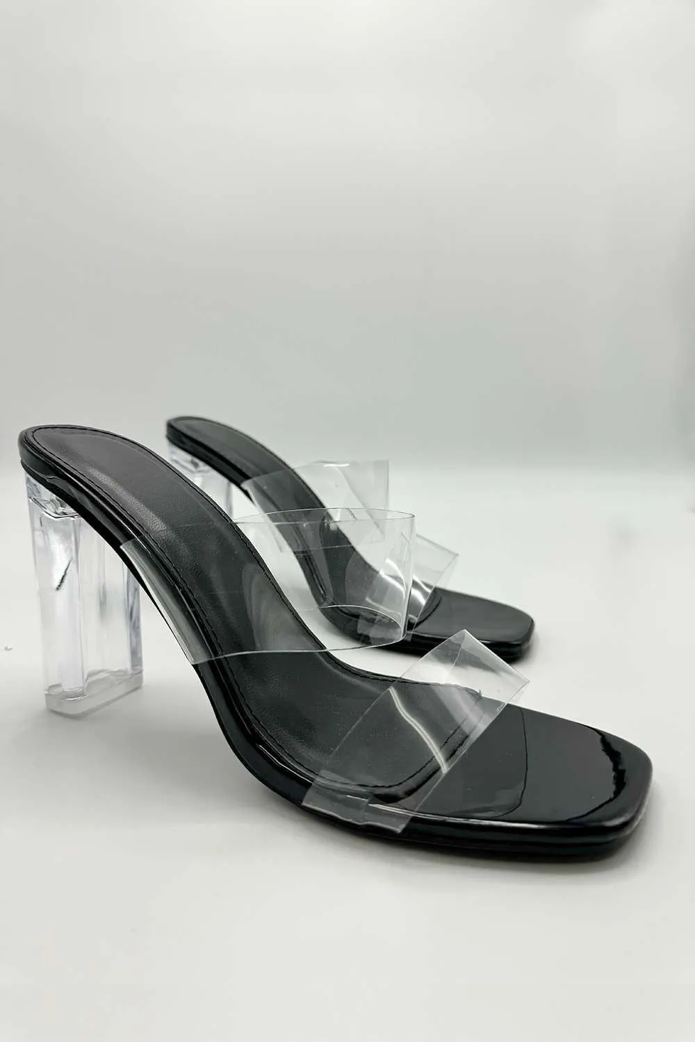 Yara Perspex Band Block Heel Mules in Black