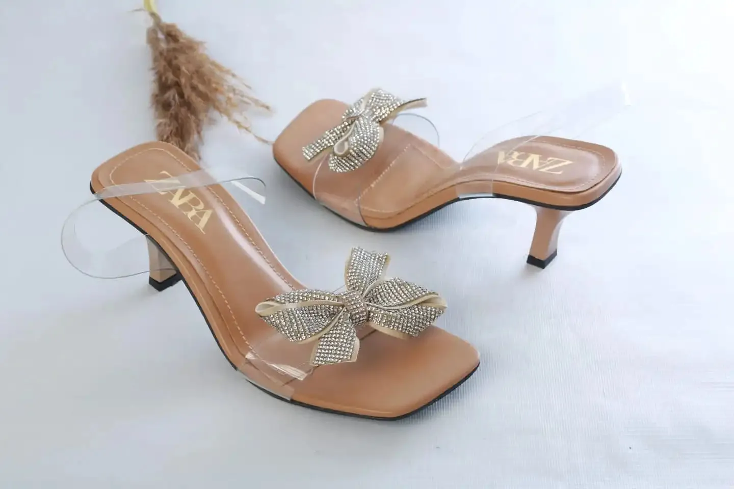 ZARA TRANSPARENT BOW STRAP HEELS - BEIGE