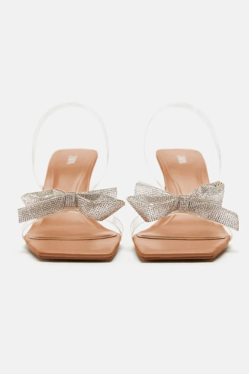 ZARA TRANSPARENT BOW STRAP HEELS - BEIGE