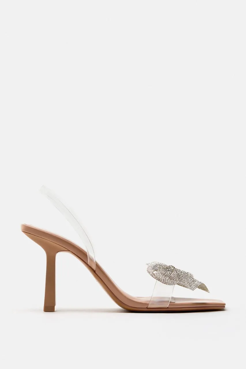 ZARA TRANSPARENT BOW STRAP HEELS - BEIGE