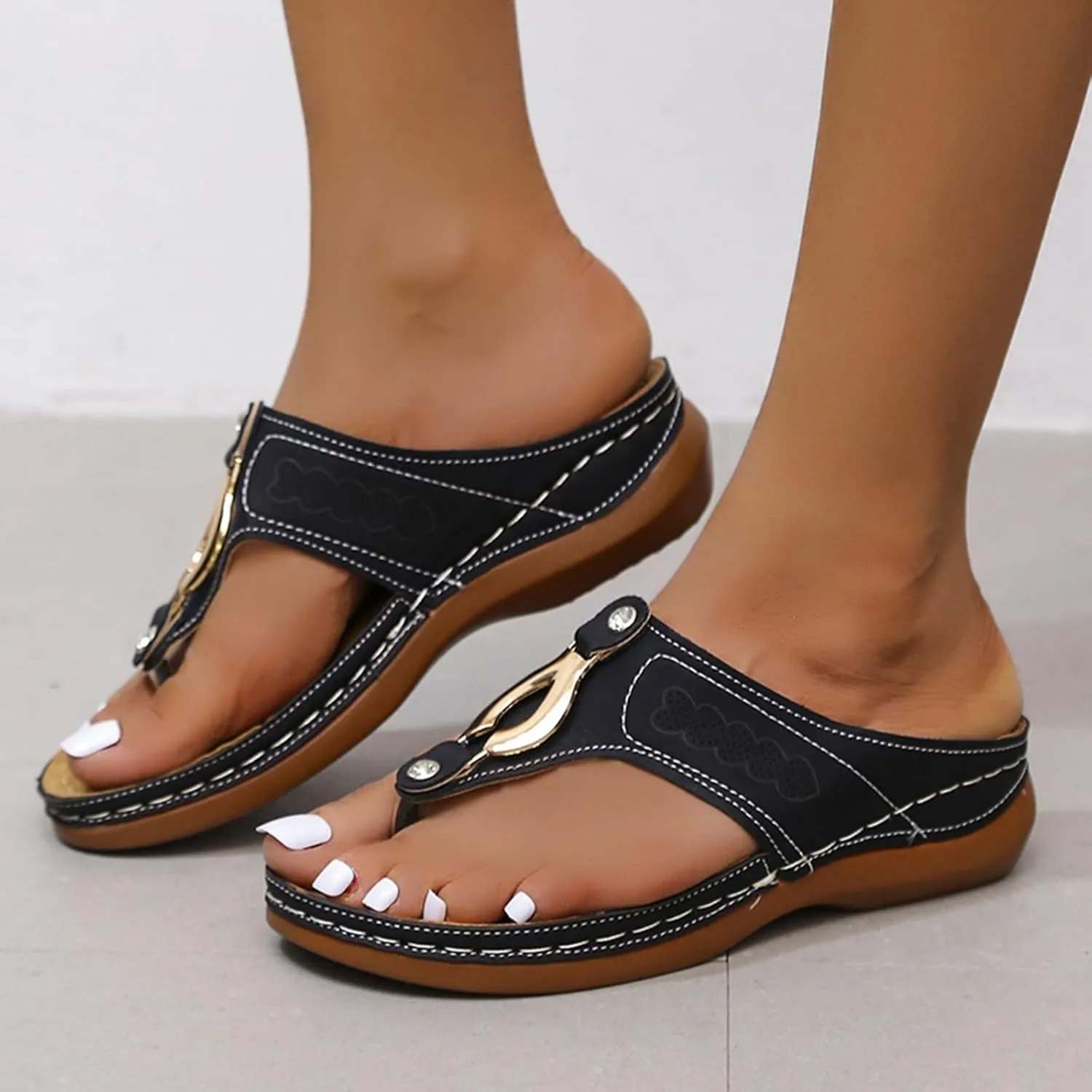 ZSpzx Women's Leather Orthopedic Arch Support Walking Sandals, Summer Adjustable slip on Platforms Orthotic Wedge Sandals, Casual Comfortable Pinch Toe Beach Flipflops Slippers